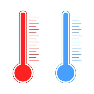 Termometre soğuk ve sıcak ikon. Sıcaklık vektörü dondurucu soğuk hava göstergesi. Meteoroloji termometreleri ısı ve soğuğu ölçüyor. Düz vektör illüstrasyonu