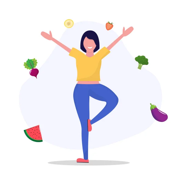 Sokakta yoga yapan bir kadın. Fitness maratonu konsepti, düzgün beslenme, sağlıklı gıda, kilo yönetimi, güzel vücut, sebzeler, zayıflama. Düz tasarımda vektör illüstrasyonu