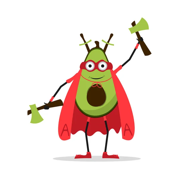 Süper kahraman kostümü ve baltası olan sevimli Avokado karakteri. Meyve karakter ikonu kavramı izole edildi. Emoji Çıkartması. düz çizgi film biçimi Vektör illüstrasyonu