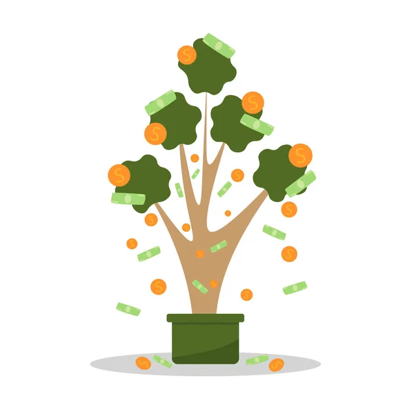 Money Tree Pot Cash Branches Plant Falling Coins Banknotes Concept — 图库矢量图片