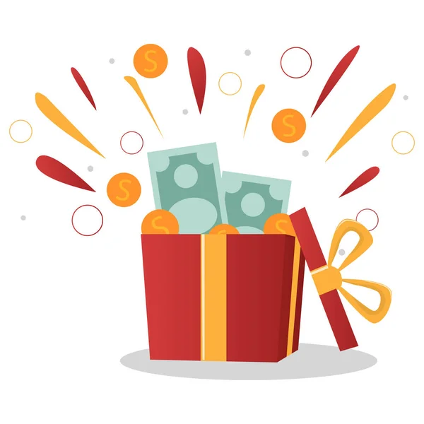 İçinde para ödülleri olan sürpriz bir kutu. Nakit hizmeti, indirim ve sadakat kartı, müşteri hizmetleri, online alışveriş, kazanç puanı. Düz tasarımda vektör illüstrasyonu