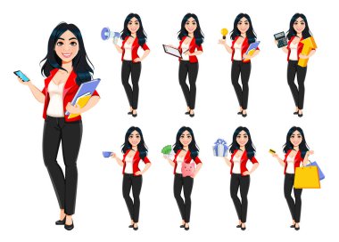 İş kadını, menajer, bankacı, başarılı güzel bir kız, dokuz pozu var. Güzel iş kadını çizgi film karakteri. Stok vektör illüstrasyonu