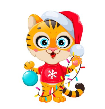 Mutlu noeller. Noel Baba şapkalı sevimli çizgi film karakteri kaplan elinde Noel ağacı süslemeleri var. Stok vektör illüstrasyonu