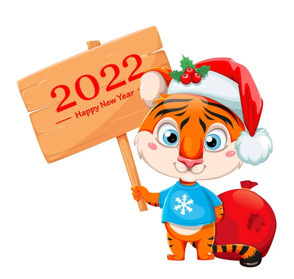 Merry Christmas Cute Cartoon Character Tiger Santa Hat Holding Placard — Stock Vector