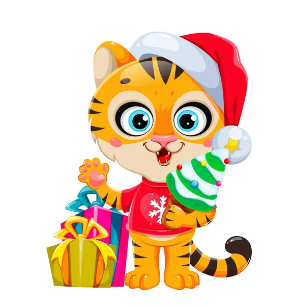 Feliz Navidad Lindo Personaje Dibujos Animados Tigre Santa Sombrero Pie — Vector de stock