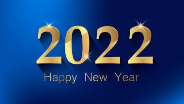 Altın numaralı yeni yıl tebrik kartı ve tebrik sözcükleri. Mavi arkaplanda vektör illüstrasyonu