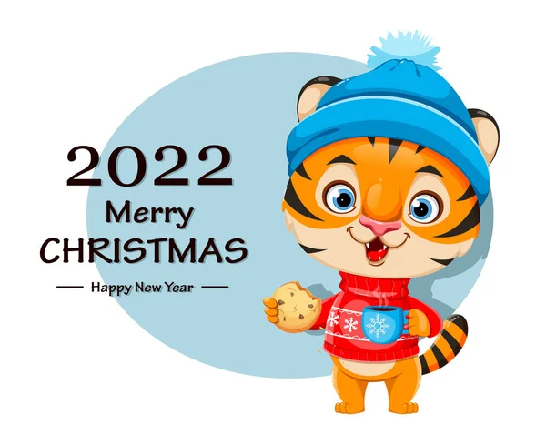 Feliz Tarjeta Felicitación Navidad Lindo Personaje Dibujos Animados Tigre Sombrero — Vector de stock