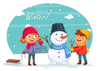 Kardan adamla oynayan neşeli çocukların olduğu mutlu Noeller kartı, sevimli çizgi film karakterleri. Merhaba kış konsepti. Stok vektör illüstrasyonu