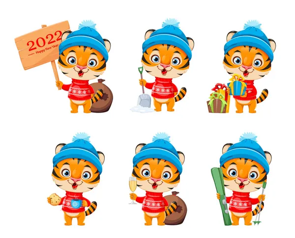 Merry Christmas Happy New Year Cute Cartoon Character Tiger Warm — Stock Vector
