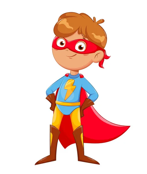 Мальчик Костюме Супергероя Веселый Маленький Мальчик Супергерой Симпатичный Мультяшный Персонаж — стоковый вектор