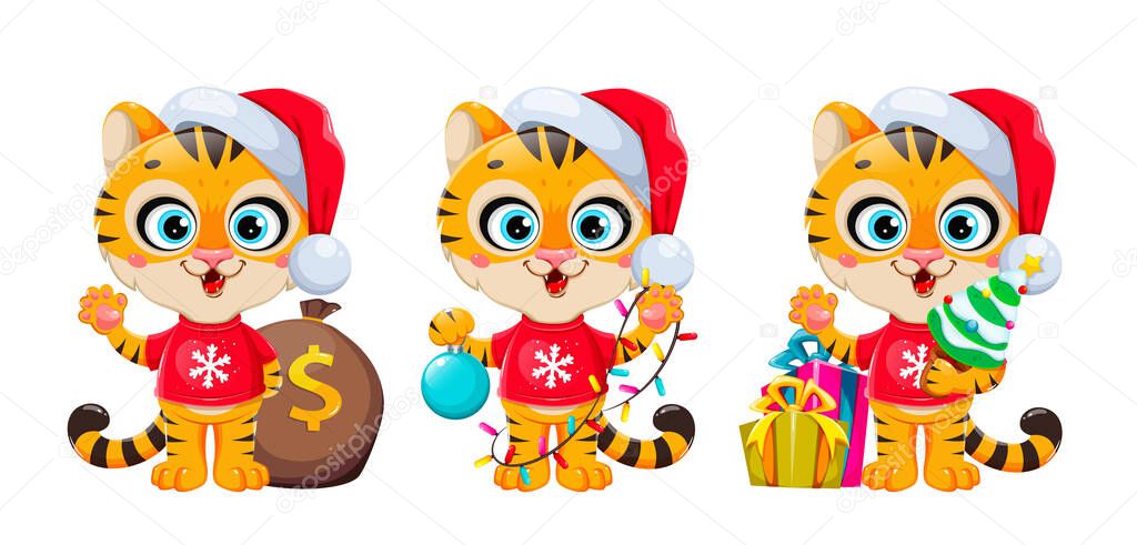Merry Christmas. Cute cartoon character tiger in Santa hat, set of three poses. Stock vector illustration on white background