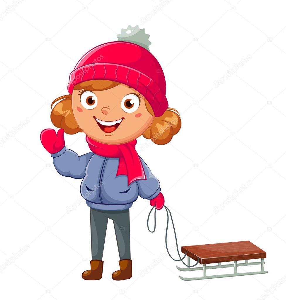 Kid with sled. Cute girl cartoon character sledding, winter sport. Hello winter concept. Stock vector illustration on white background