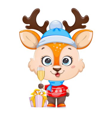 Elinde bir kadeh şampanya tutan sevimli bir geyik yavrusu. Neşeli küçük ren geyiği çizgi film karakteri. Mutlu Noeller ve mutlu yıllar. Beyaz arkaplanda stok vektör illüstrasyonu.