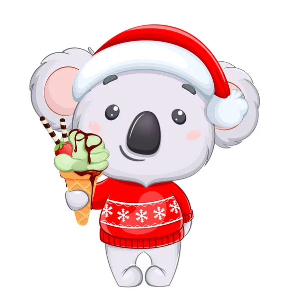 Merry Christmas Happy New Year Funny Koala Santa Hat Red — Stock Vector