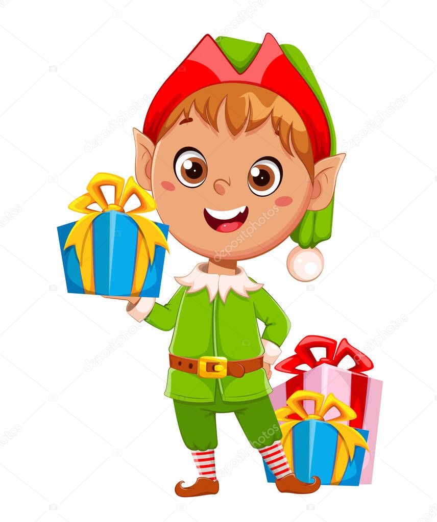 Christmas elf with gift boxes, Santa assistant, cheerful cartoon character. Merry Christmas and Happy New Year. Vector illustration on white background