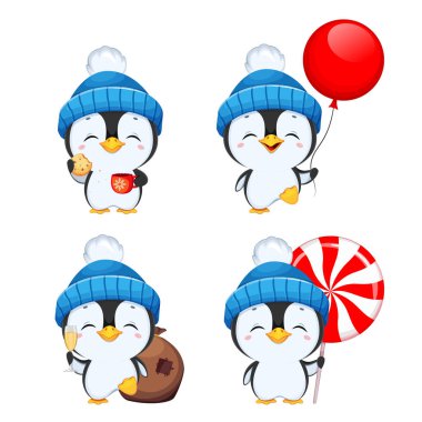 Küçük sevimli penguen çizgi film karakteri, dört pozlu. Mavi şapkalı komik penguen. Mutlu Noeller ve mutlu yıllar. Stok vektör illüstrasyonu 
