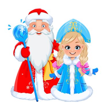Mutlu yıllar ve mutlu Noeller. Rus Baba Frost (Noel Baba) ve Snegurochka (Kar Kızı). Tatil için sevimli çizgi film karakterleri. Beyaz arkaplanda stok vektör illüstrasyonu