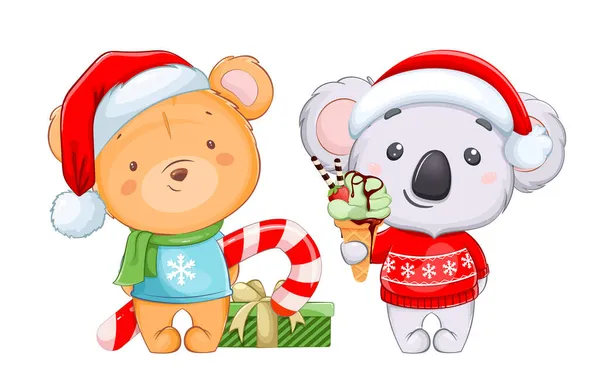 Veselé Vánoce Šťastný Nový Rok Kreslené Postavy Legrační Koala Klobouku — Stockový vektor