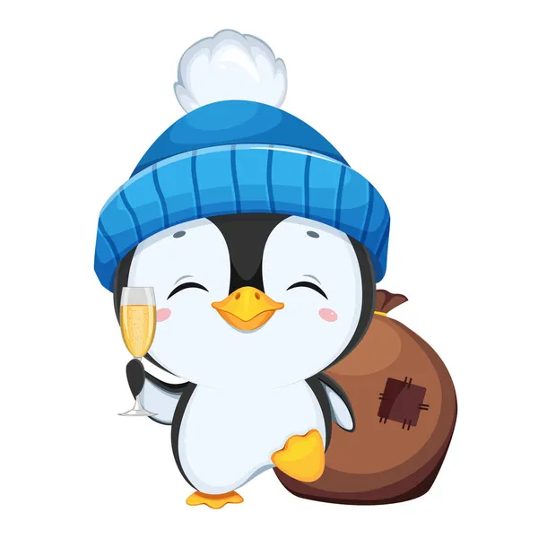 Bonito Pequeno Personagem Desenho Animado Pinguim Pinguim Engraçado Chapéu Azul — Vetor de Stock