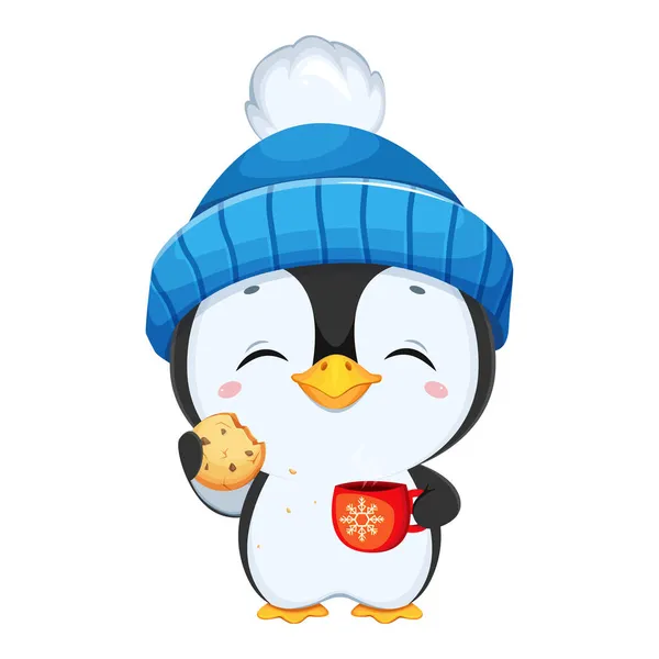 Bonito Pequeno Personagem Desenho Animado Pinguim Pinguim Engraçado Chapéu Azul — Vetor de Stock