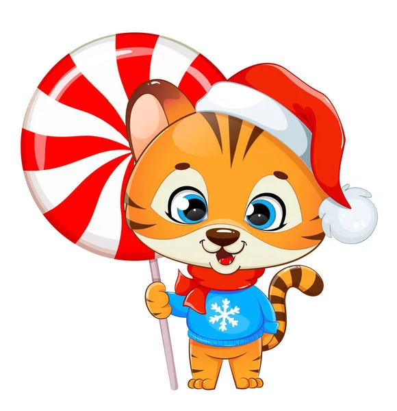 Feliz Navidad Lindo Tigre Sosteniendo Caramelos Grandes Bebé Tigre Personaje — Vector de stock
