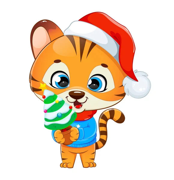 Feliz Navidad Lindo Tigre Bebé Tigre Personaje Dibujos Animados Stock — Vector de stock