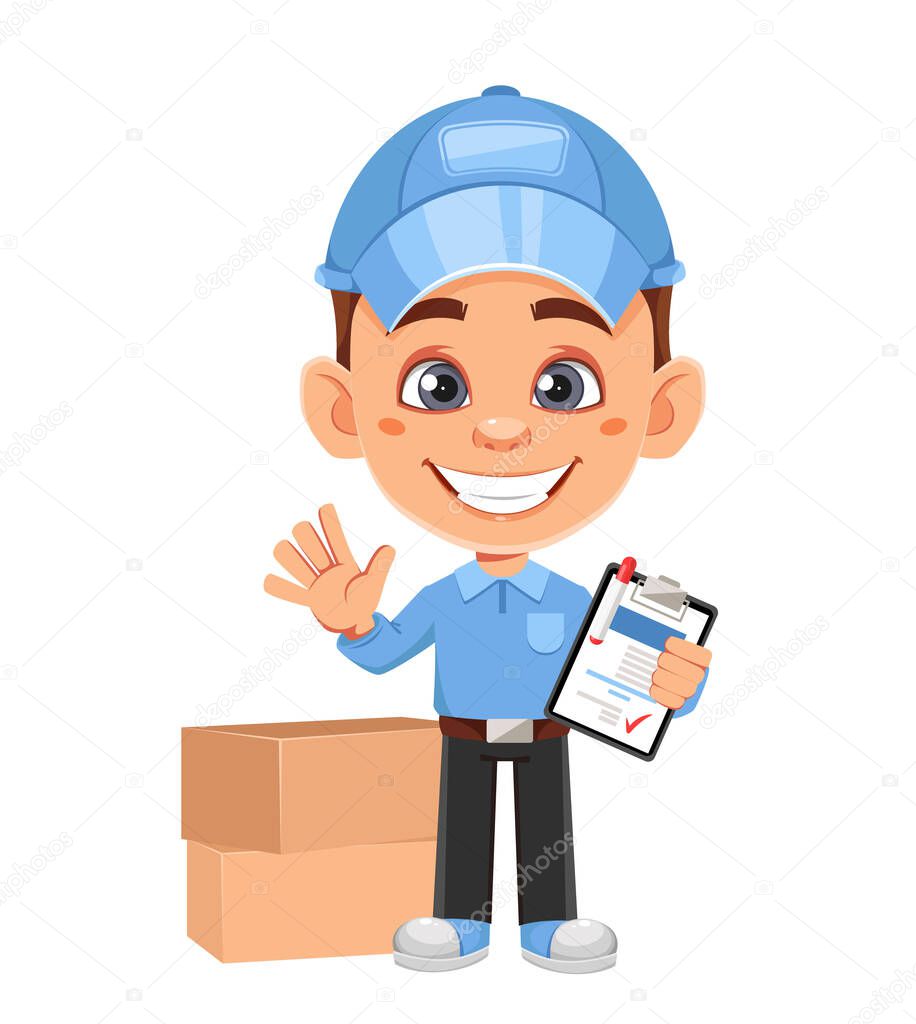 Courier cartoon character. Funny delivery man standing with clipboard. Stock vector illustration on white background