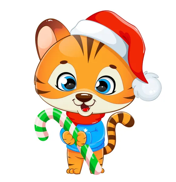 Buon Natale Ciao Carino Cucciolo Tigre Babbo Natale Con Mano — Vettoriale Stock