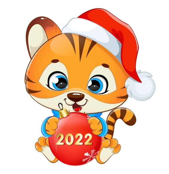 Merry Christmas Cute Tiger Cub Santa Hat Holding Christmas Tree — Stock Vector