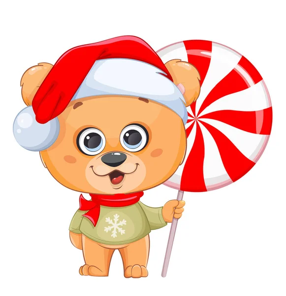 Счастливого Рождества Забавный Медведь Шляпе Санты Держит Большие Конфеты Палочке — стоковый вектор