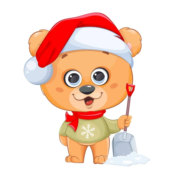 Feliz Navidad Divertido Oso Santa Sombrero Limpiando Nieve Lindo Personaje — Vector de stock