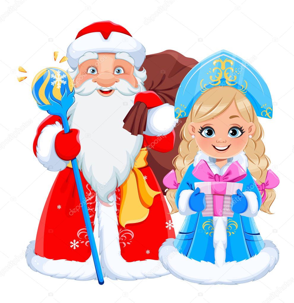 Happy New Year and Merry Christmas. Russian Father Frost (Santa Claus) and Snegurochka (Snow Maiden). Cute cartoon characters for holidays. Stock vector illustration on white background