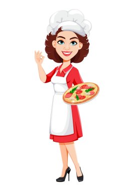 Şef kadın pizza tutuyor. Profesyonel üniformalı aşçı kadın. Sevimli çizgi film karakteri. Stok vektör illüstrasyonu.