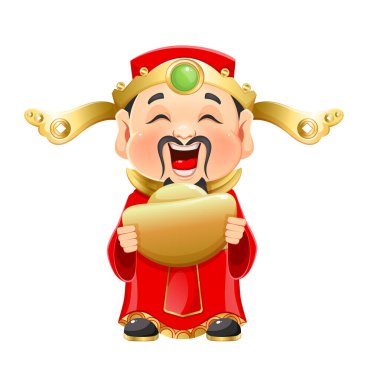 Zenginlik Tanrısı ile Çin Yeni Yıl tebrik kartı. Beyaz arkaplanda stok vektör illüstrasyonu