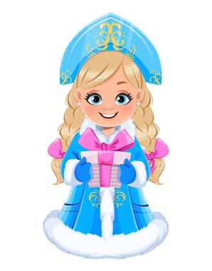 Mutlu yıllar ve mutlu Noeller. Rus Snegurochka (Kar Kızı). Tatiller için sevimli bir çizgi film karakteri. Beyaz arkaplanda stok vektör illüstrasyonu