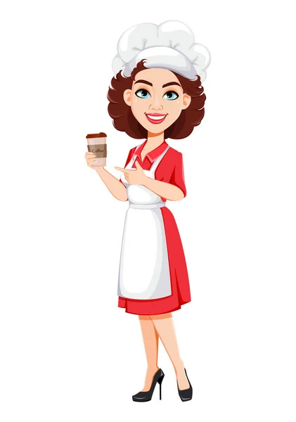Chef Mujer Tomando Café Cocinera Con Uniforme Profesional Lindo Personaje — Archivo Imágenes Vectoriales