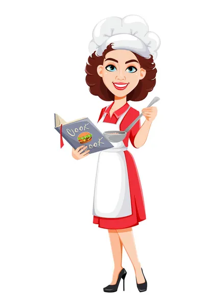 料理本を持っているシェフの女性 プロの制服を着た女を料理する かわいい漫画のキャラクター ストックベクトルイラスト — ストックベクタ