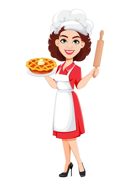 Chef Mulher Segurando Torta Saborosa Cozinhe Senhora Uniforme Profissional Personagem — Vetor de Stock
