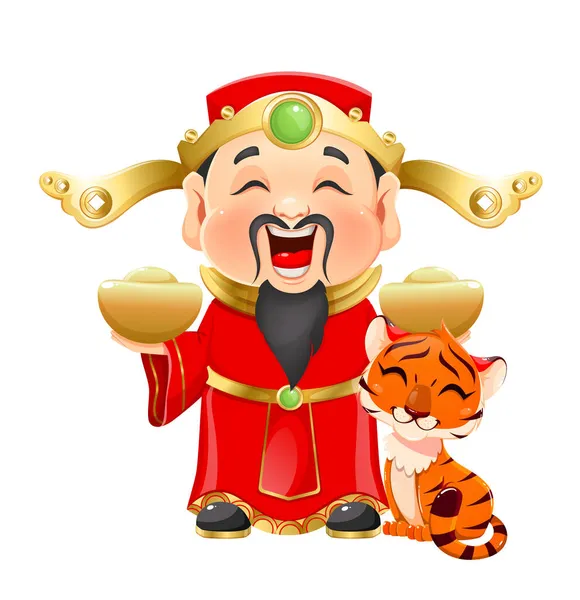 Китайская Новогодняя Открытка Богом Богатства Симпатичным Тигром Символом 2022 Года — стоковый вектор