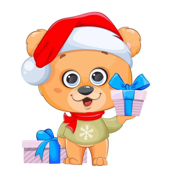 Счастливого Рождества Забавный Медведь Шляпе Санты Держит Подарочную Коробку Симпатичный — стоковый вектор