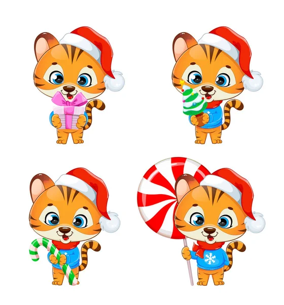 Merry Christmas Cute Tiger Cub Santa Hat Set Four Poses — Stock Vector