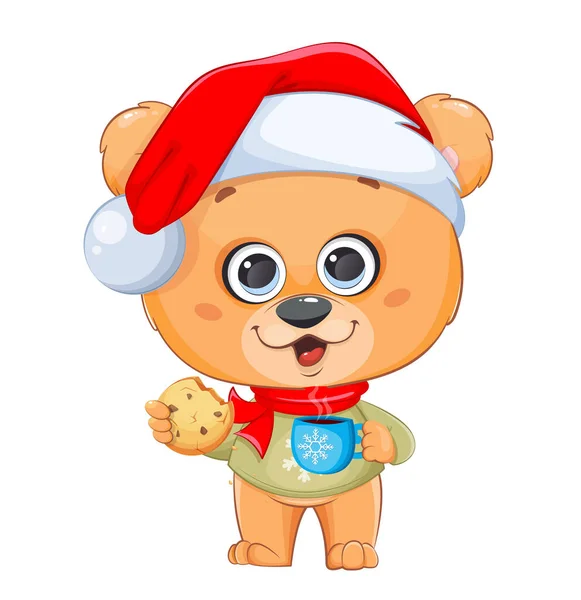 Счастливого Рождества Забавный Медведь Шляпе Санты Пьет Какао Ест Печенье — стоковый вектор