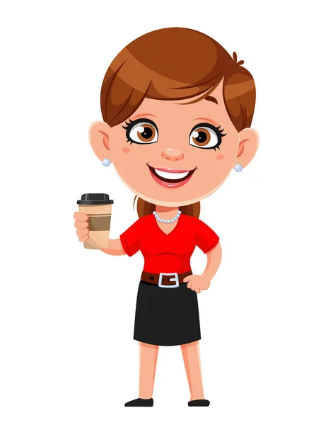 漫画のビジネス女性がコーヒーブレイクを持っている 陽気な実業家の漫画のキャラクター ストックベクトルイラスト — ストックベクタ