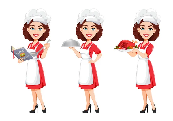 Küchenfrau Set Aus Drei Posen Köchin Berufskleidung Nette Zeichentrickfigur Illustration — Stockvektor