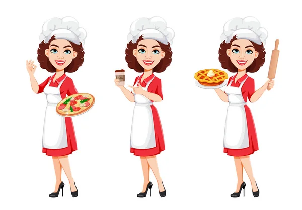 Chef Mujer Conjunto Tres Poses Cocinera Con Uniforme Profesional Lindo — Vector de stock