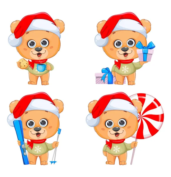 Счастливого Рождества Забавный Медведь Шляпе Санты Набор Четырех Иллюстраций Симпатичный — стоковый вектор