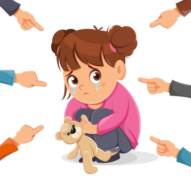Çocuk istismarını önleme kavramı. Ağlayan kız yerde oturuyor, insanlar onunla alay ediyor. Zorbalık sorunu. Beyaz arkaplanda stok vektör illüstrasyonu