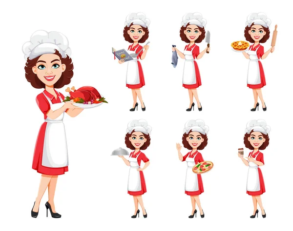 Mulher Chefe Conjunto Sete Poses Cozinhe Senhora Uniforme Profissional Personagem — Vetor de Stock
