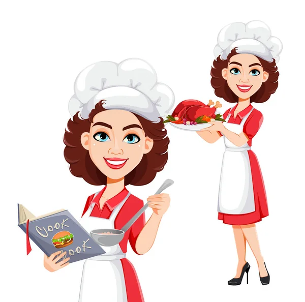 Chef Mujer Conjunto Dos Poses Cocinera Con Uniforme Profesional Lindo — Vector de stock