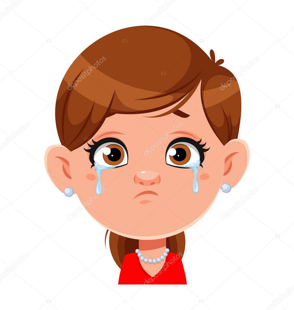 Face expression of pretty woman, crying. Female emotion. Cute lady cartoon character. Stock vector illustration on white background